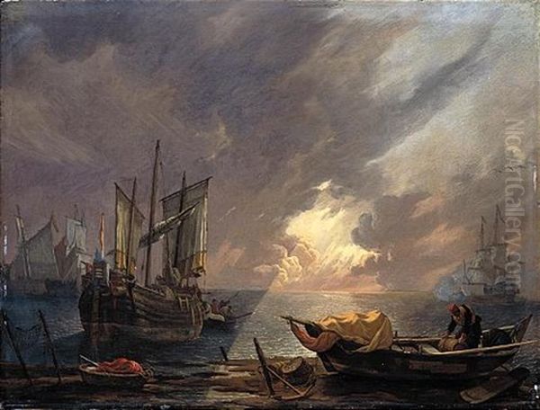 An Evening Coastal Scene With Sailors Unloading Their Cargo, A Man-o-war Firing A Salute In The Distance Oil Painting by Lieve Pietersz Verschuier