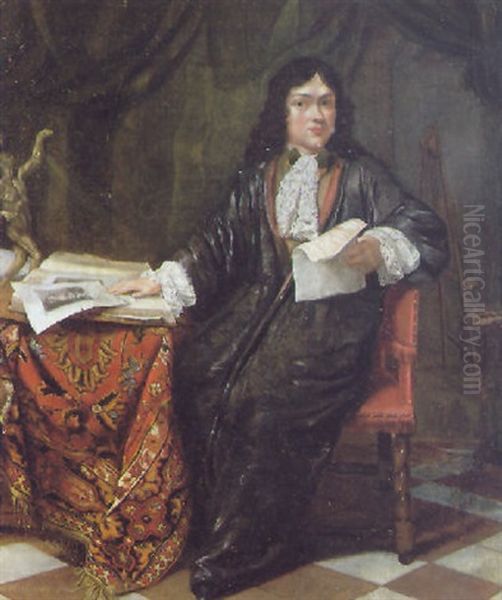 Portrait Of An Artist, Wearing A Dark Gray Robe And Lace Cravat Holding A Drawing, Seated At A Table In His Studio by Willem Verschuring the Younger