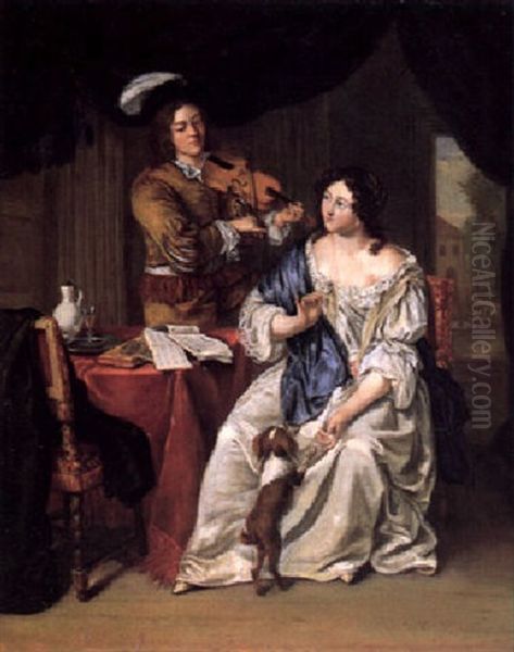 A Young Lady Listening To A Violinist Oil Painting by Willem Verschuring the Younger