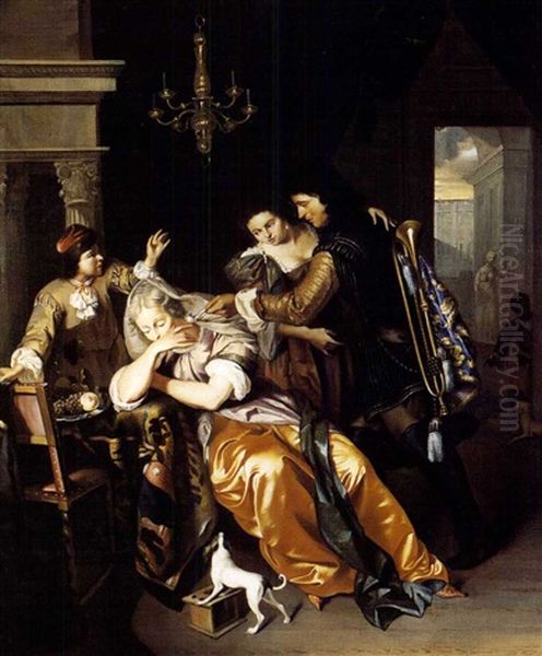 A Trumpeter Reviving With Pipe Smoke A Fainting Woman Oil Painting by Willem Verschuring the Younger