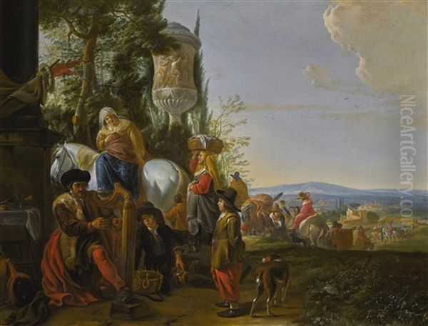 A Man Playing A Harp And Other Figures In An Italianate Landscape Oil Painting by Hendrick Verschuring