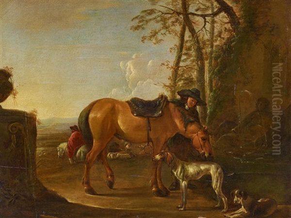 Reiter Mit Ihren Pferden An Der Tranke Oil Painting by Hendrick Verschuring