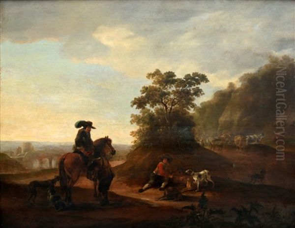 Een Page Helpt Een Jager Bij Het Afstijgen Van Zijn Paard In Een Italianiserend Landschap Oil Painting by Hendrick Verschuring