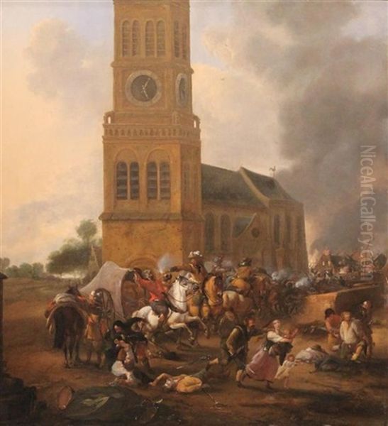 Skirmish Infront Of Village Church Oil Painting by Hendrick Verschuring