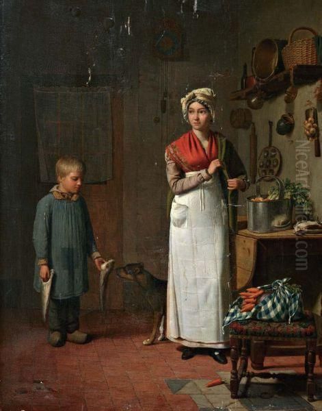 Keukeninterieur Met Vrouw En De Jonge Visser Oil Painting by Charles Brias