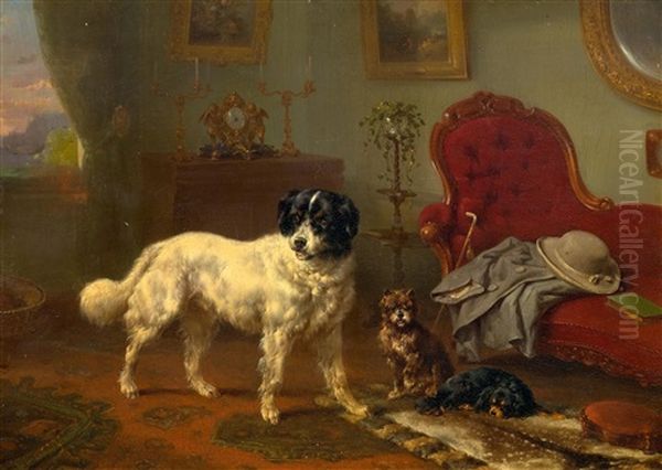 Interior With Three Dogs Oil Painting by Wouter Verschuur the Elder