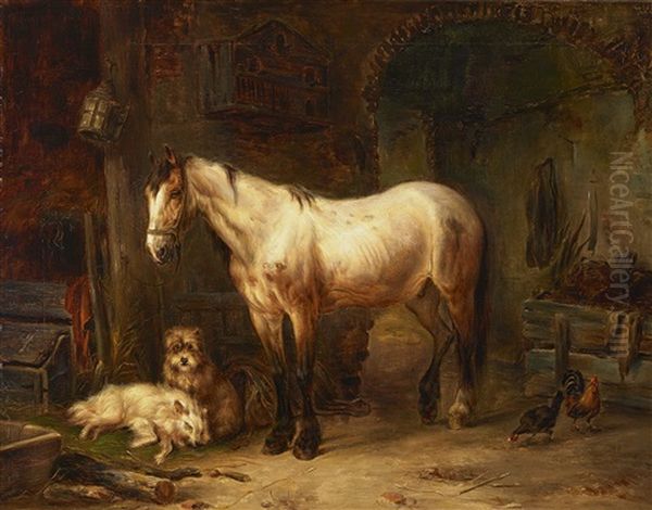 Schimmel Mit Hunden Und Huhnern Im Stall Oil Painting by Wouter Verschuur the Elder