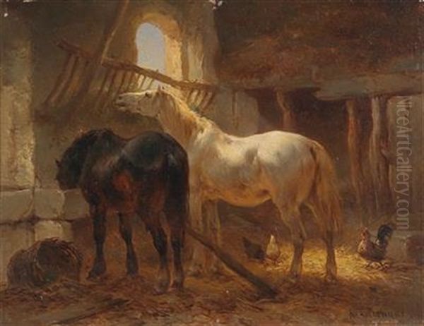 Two Horses And Chickens In A Stable by Wouter Verschuur the Elder