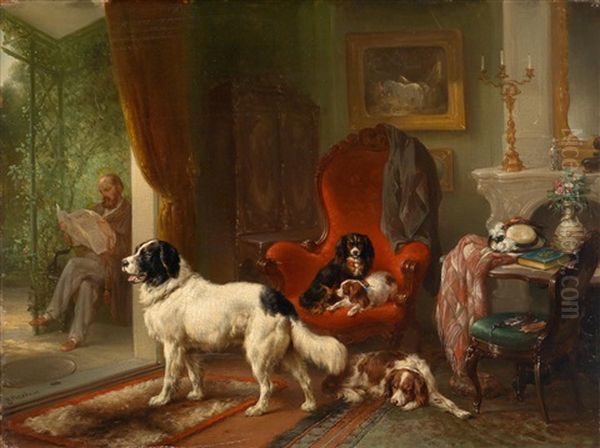 Interior With Dogs,  View Of A Pergola Oil Painting by Wouter Verschuur the Elder