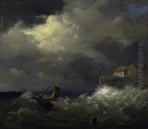 Yacht Om A Storm In Front Of The Norman Coast. Signed Bottom Right: Ch. Brias Oil Painting by Charles Brias