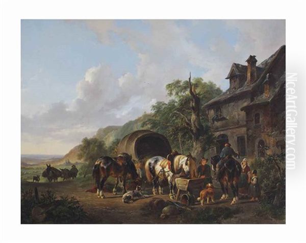 Travelers At A Tavern In A Sunlit Landscape Oil Painting by Wouter Verschuur the Elder