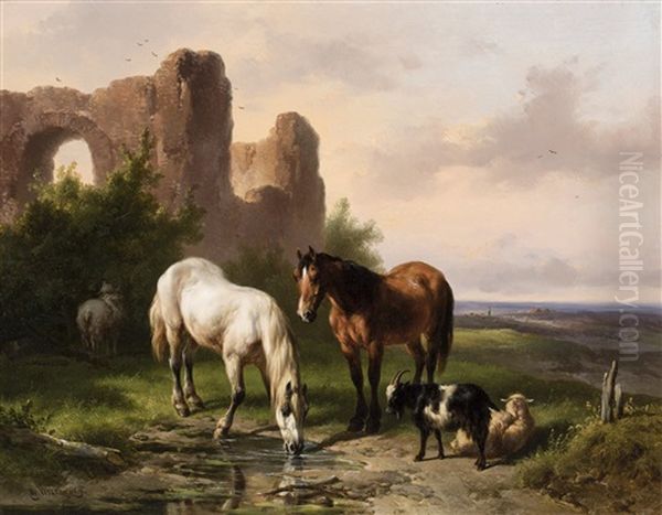 Watering Horses Near A Ruin Oil Painting by Wouter Verschuur the Elder