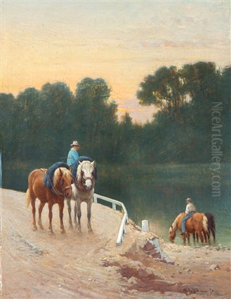 Horses Drinking At A Riverside Oil Painting by Wouter Verschuur the Younger