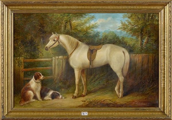 Cheval Blanc Et Chiens De Chasse Au Repos A La Barriere Oil Painting by Wouter Verschuur the Younger