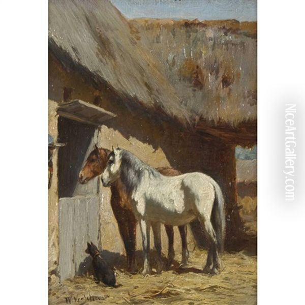 Pferde Und Hund Vor Dem Stall Oil Painting by Wouter Verschuur the Younger