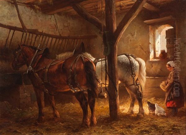 The Feeding Of The Chickens In The Stable Oil Painting by Wouter Verschuur the Younger