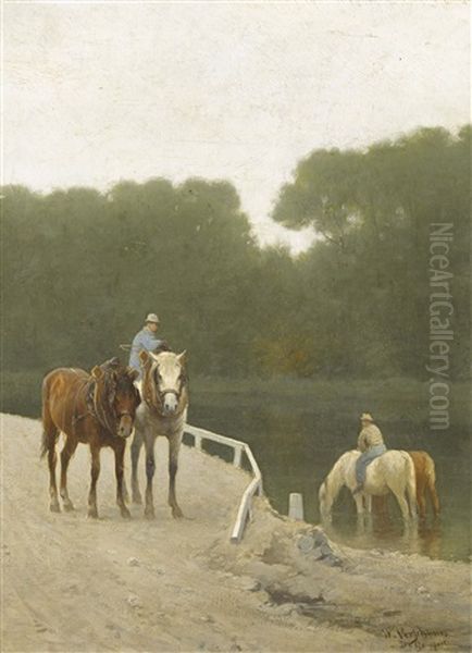 Pferde Und Reiter Am Ufer Oil Painting by Wouter Verschuur the Younger