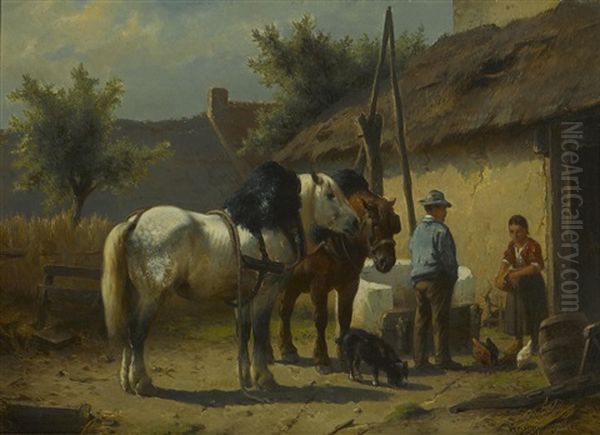 Figures And Two Horses Outside Of A Barn Oil Painting by Wouter Verschuur the Younger