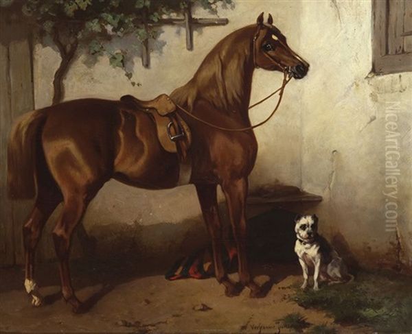 Portrait De Cheval Selle Et Chien Oil Painting by Wouter Verschuur the Younger