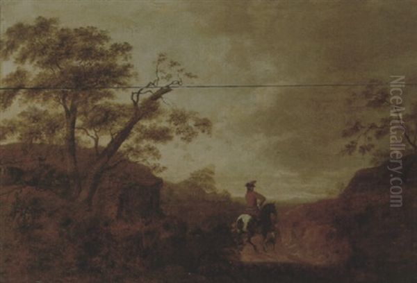 A Wooded Landscape At Sunset With A Horseman And His Dog On A Track Oil Painting by Aelbrecht Verschuur