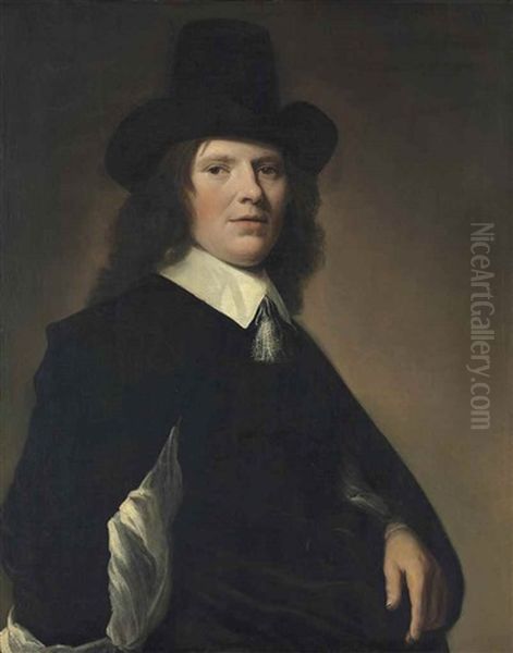 Portrait Of A Gentleman, Half-length, In A Black Doublet With Slashed Sleeves And Black Capotain Hat Oil Painting by Johannes Cornelisz Verspronck