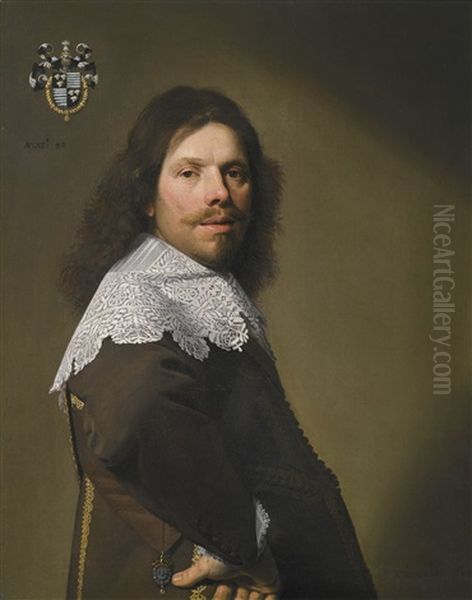 Portrait Of Cornelis Montigny De Glarges, Aged 43, Half-length, In A Brown Coat And White Lace Ruff Oil Painting by Johannes Cornelisz Verspronck