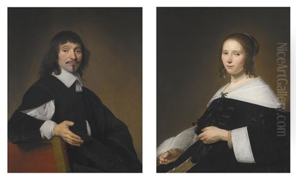 Portrait Of Francois Dermout, Seated; Portrait Of His Wife Cornelia Hammius, Seated, With A Quill In Her Hand (pair) Oil Painting by Johannes Cornelisz Verspronck