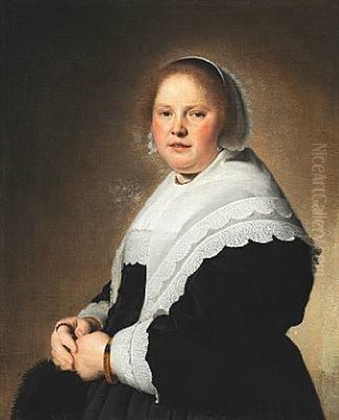 Portrait Of An Elegant Woman In A Black Dress With A White Lace Collar Oil Painting by Johannes Cornelisz Verspronck