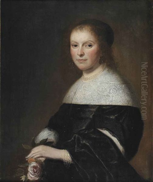 Portrait Of A Lady, Half-length, In A Black Dress With A White Lace Collar And Pearl Jewelry, Holding A Pink Rose Oil Painting by Johannes Cornelisz Verspronck