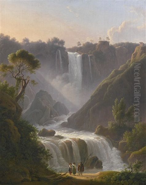 A View Of The Waterfalls At Tivoli With Figures In The Foreground Oil Painting by Martin Verstappen