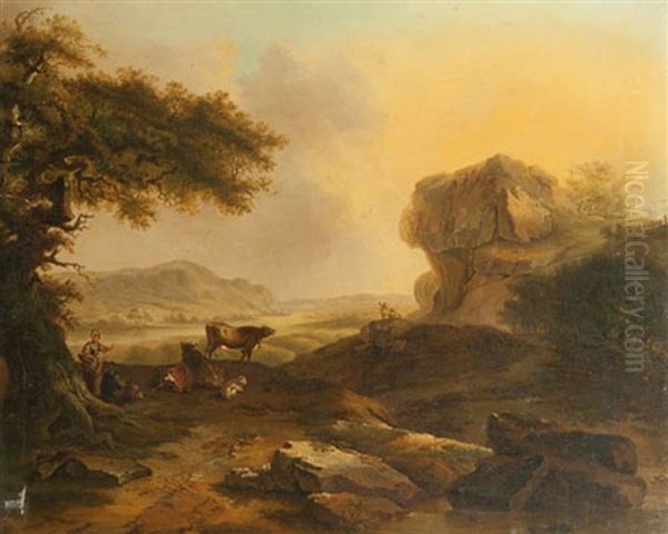 Troupeaux Et Bergers Se Reposant Dans Un Paysage Montagneux (+ Troupeaux Et Bergers Passant Un Gue; Pair) Oil Painting by Martin Verstappen