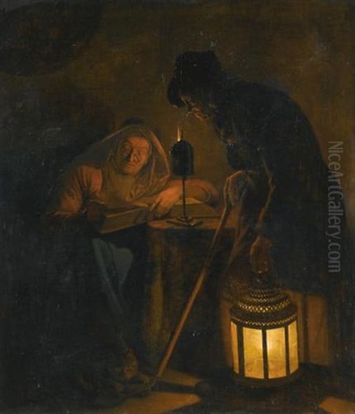 An Interior With An Old Woman Reading By Candlelight And A Man Holding A Lantern Oil Painting by Michiel Versteegh