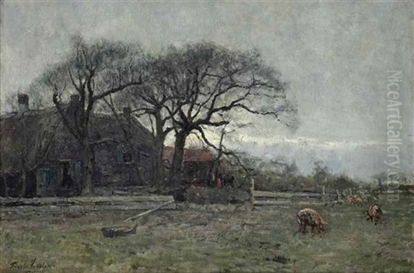 A Farm With Pigs Oil Painting by Floris Hendrik Verster