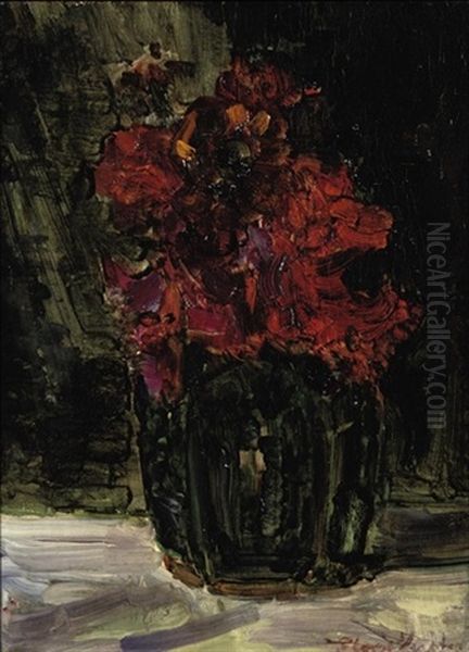 Zinnia's In Gemberpot: Zinnias In A Ginger-jar Oil Painting by Floris Hendrik Verster