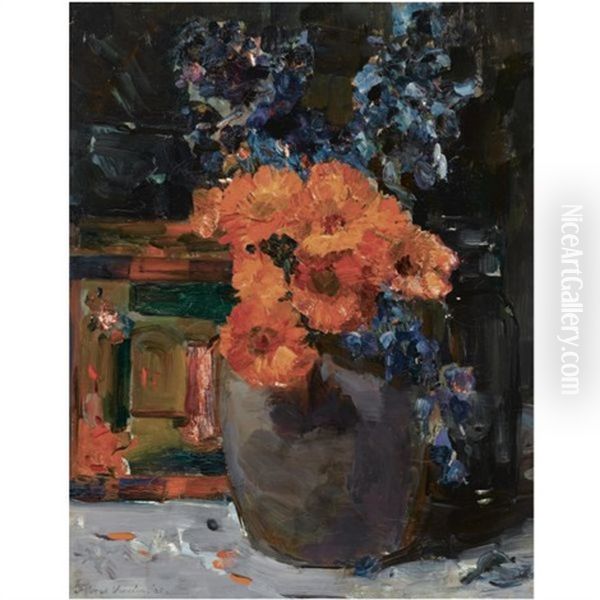 A Still Life With Marigold And Delphinium In A Bowl Oil Painting by Floris Hendrik Verster