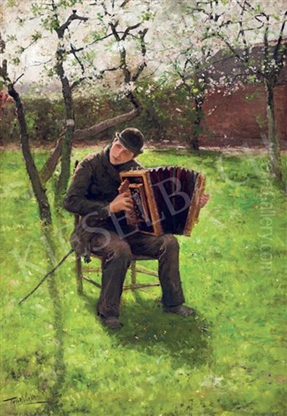 Accordian Player In A Spring Garden Oil Painting by Theodor Verstraete