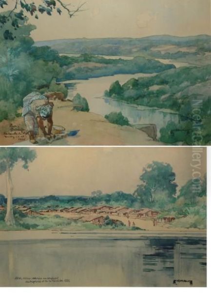 Abor, Village Pahouin, Au Confluent Dungounie Et De La Mandjihe, Oil Painting by Maurice Briault