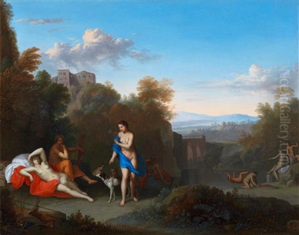 An Italianate Landscape With Diana And Her Nymphs Bathing Oil Painting by Daniel Vertangen