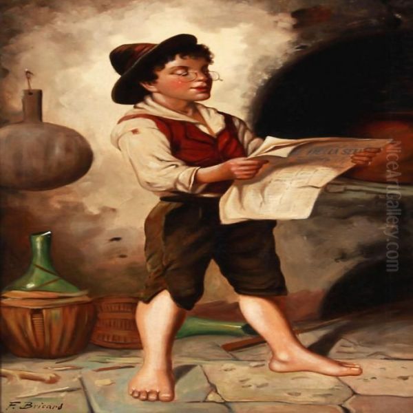 Boy Reading A Newspaper Oil Painting by Francois Xavier Bricard