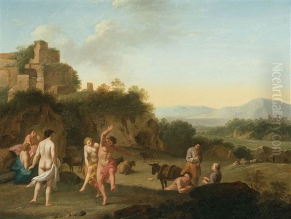 Animated Southern Landscape With Ruine And Dancing Figures Oil Painting by Daniel Vertangen