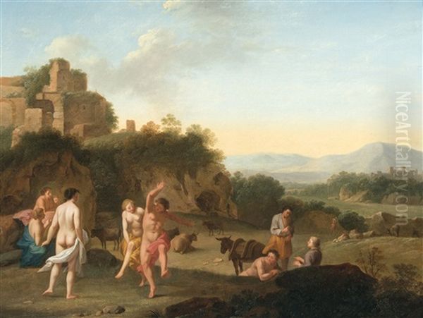 Mediterrenean Landscape With Ruins And Dancing Figures Oil Painting by Daniel Vertangen