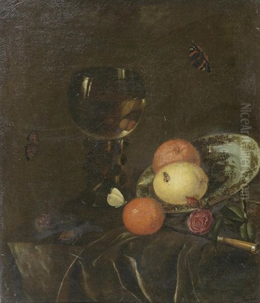 Oranges And Lemons On A Porcelain Plate, A Roemer Filled With Wine, Chestnuts, Roses And Insects On A Draped Table Oil Painting by Daniel Vertangen