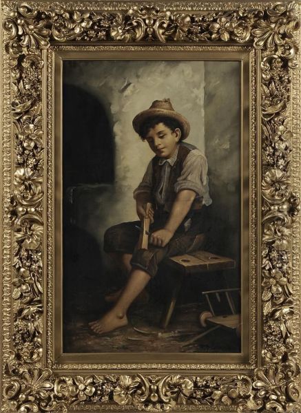 Boy Carving Oil Painting by Francois Xavier Bricard