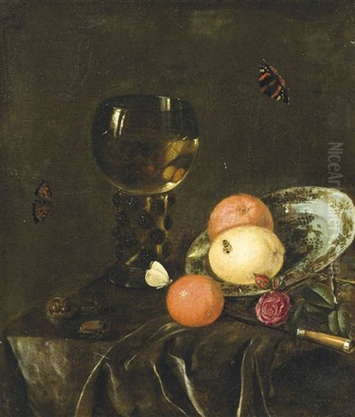 Oranges And Lemons On A Porcelain Plate, A Roemer Filled With Wine, Chestnuts, Roses And Insects On A Draped Table by Daniel Vertangen