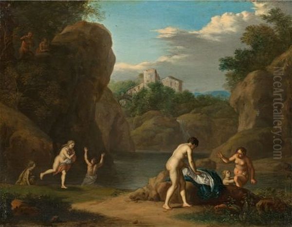 Bathing Nymphs, Surprised By Satyrs Oil Painting by Daniel Vertangen