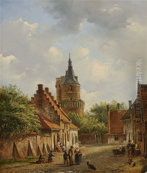 Dutch Street Scene Oil Painting by Pieter Gerardus Vertin