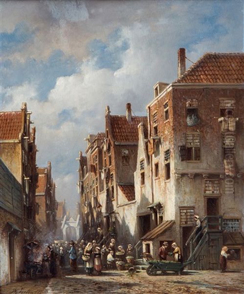 A Busy Day In A Dutch Village Oil Painting by Pieter Gerardus Vertin