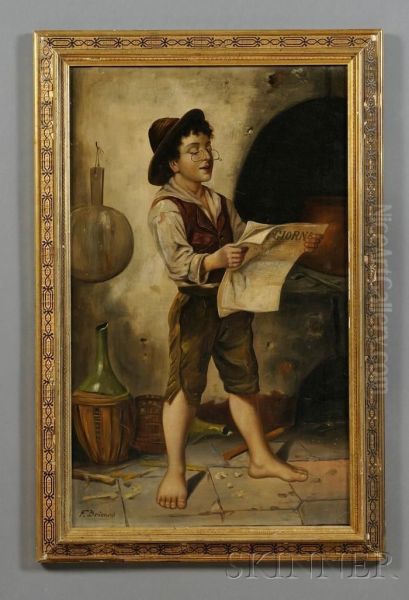 Genre Scene With Young Lad Reading A Newspaper Oil Painting by Francois Xavier Bricard