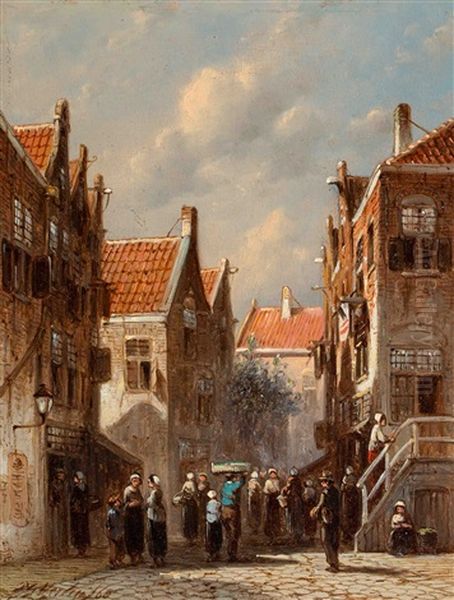 Activity In A Street On A Sunny Day Oil Painting by Pieter Gerardus Vertin