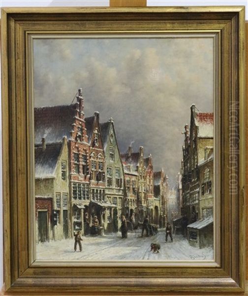 Winterse Straat Met Sneeuwballen Gooiende Jongens Oil Painting by Pieter Gerardus Vertin